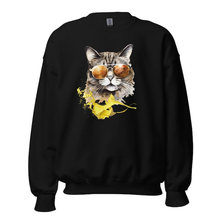 Black unisex crew neck sweatshirt with vibrant cool cat print and yellow splash of colour.