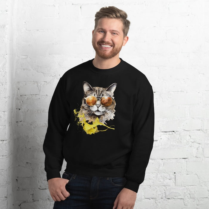 Man wearing black crew neck sweatshirt with vibrant cool cat print and yellow splash of colour.