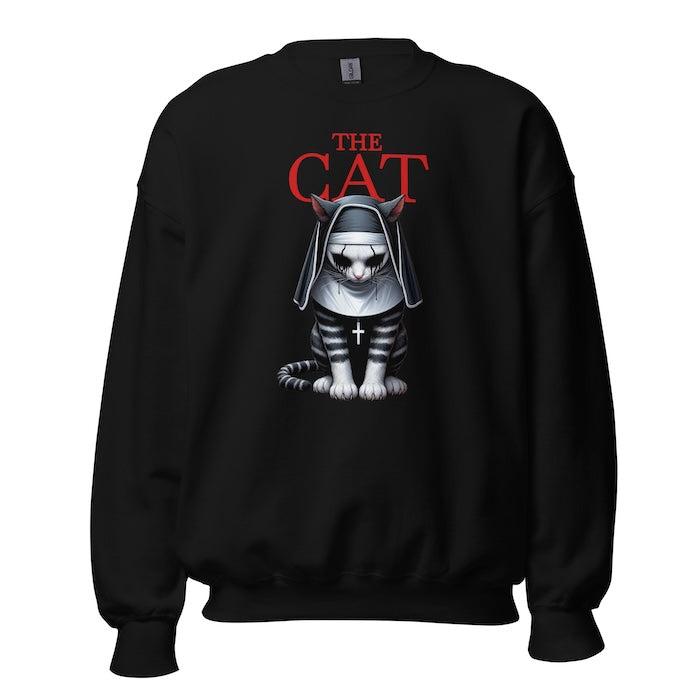 Black crew neck sweatshirt with vibrant horror style cat print and The Cat title.