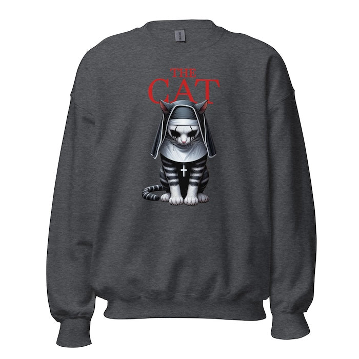 Dark grey crew neck sweatshirt with vibrant horror style cat print and The Cat title.