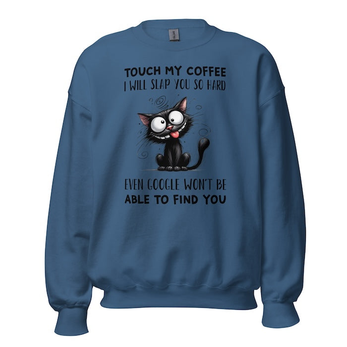 Indigo blue unisex sweatshirt with quirky cat print and fun coffee slogan.