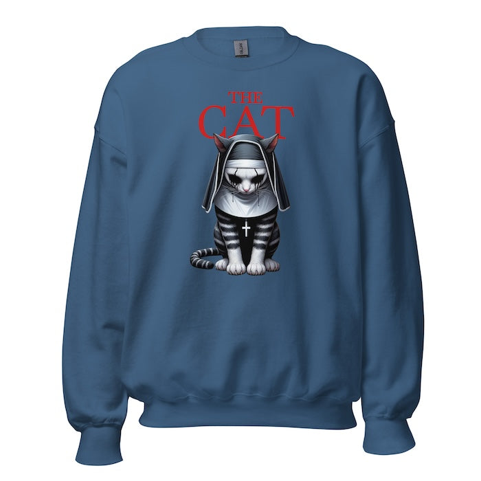 Indigo blue crew neck sweatshirt with vibrant horror style cat print and The Cat title.