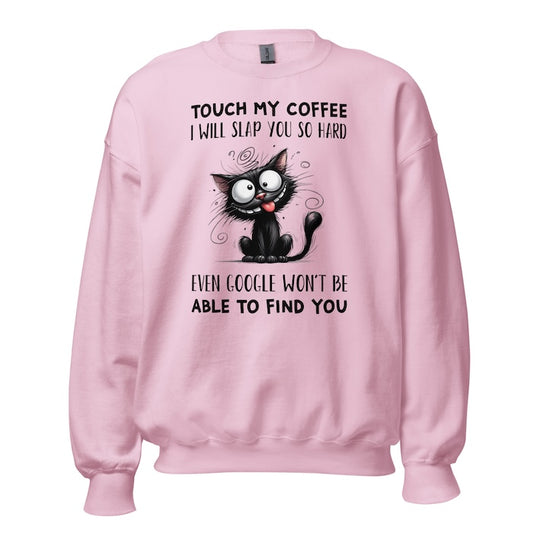 Pink unisex sweatshirt with quirky cat print and fun coffee slogan.