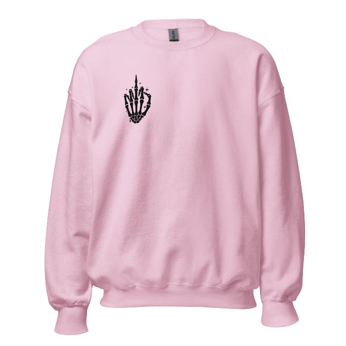 Pink sweatshirt with black skeleton hand print on front and fun slogan on the back.