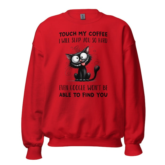 Red unisex sweatshirt with quirky cat print and fun coffee slogan.