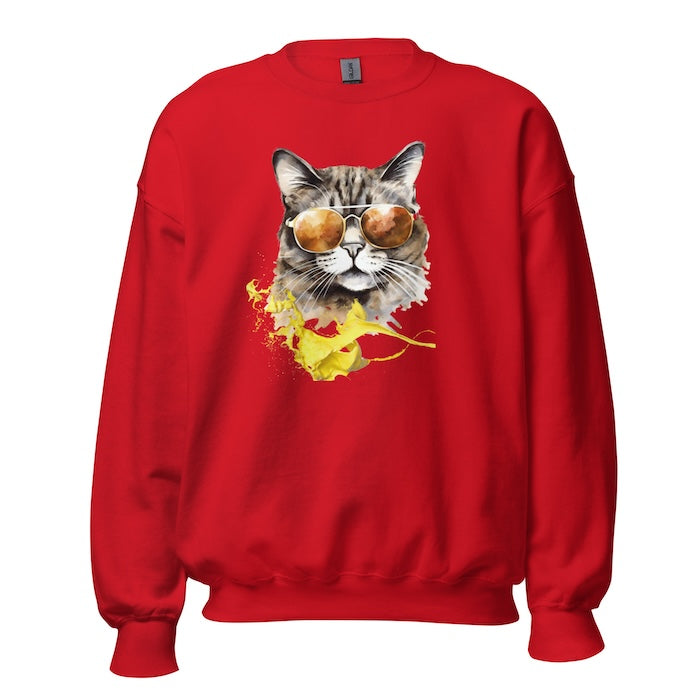 Red crew neck sweatshirt with vibrant cool cat print and yellow splash of colour.