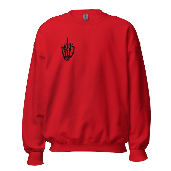 Red sweatshirt with black skeleton hand print on front and fun slogan on the back.