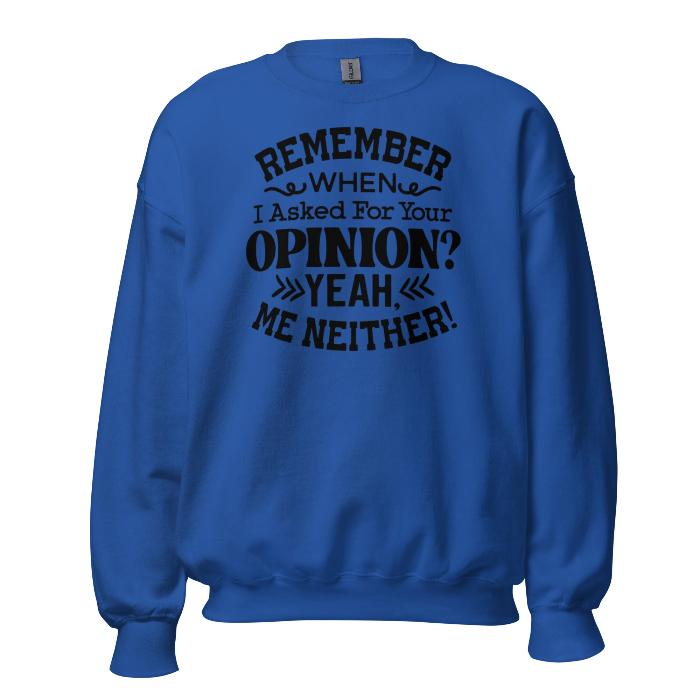 Royal blue cosy unisex sweatshirt with catchy opinion slogan.