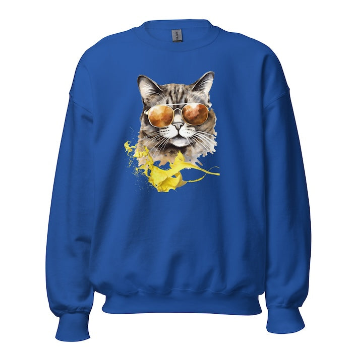 Royal blue crew neck sweatshirt with vibrant cool cat print and yellow splash of colour.