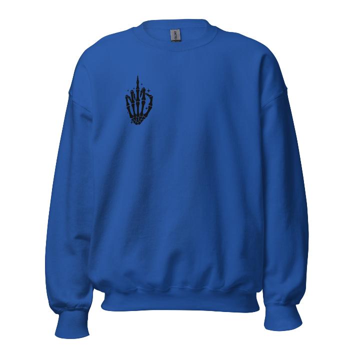 Royal blue sweatshirt with black skeleton hand print on front and fun slogan on the back.