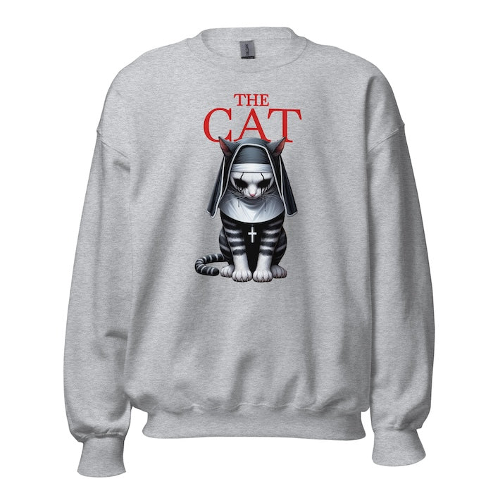 Grey crew neck sweatshirt with vibrant horror style cat print and The Cat title.