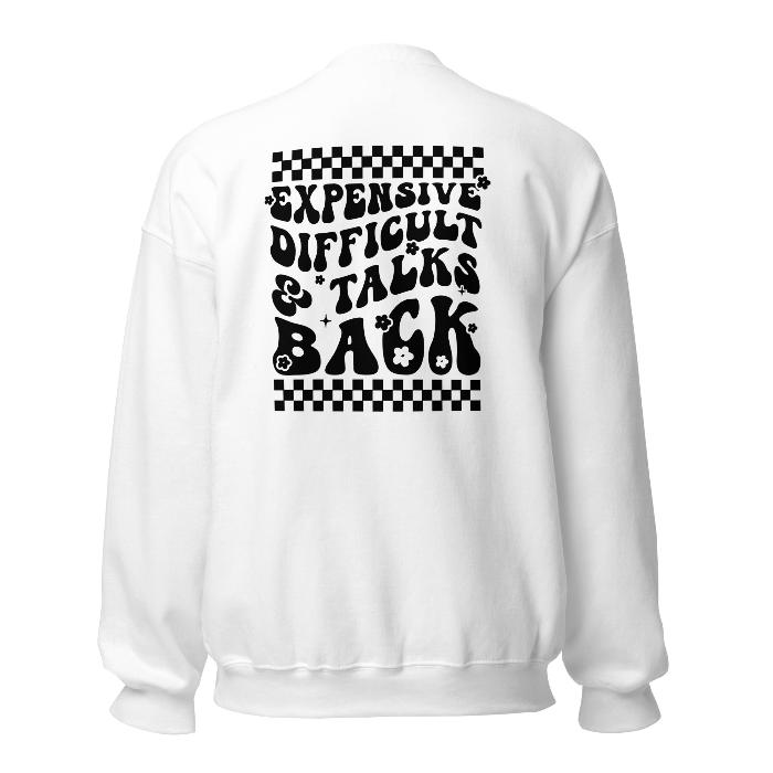 White sweatshirt with black skeleton hand print on front and fun slogan on the back.