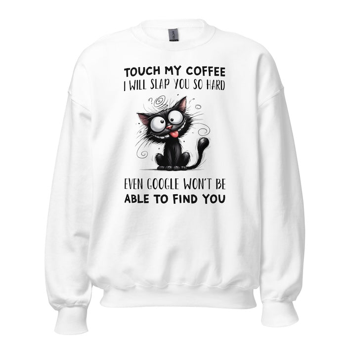 White unisex sweatshirt with quirky cat print and fun coffee slogan.