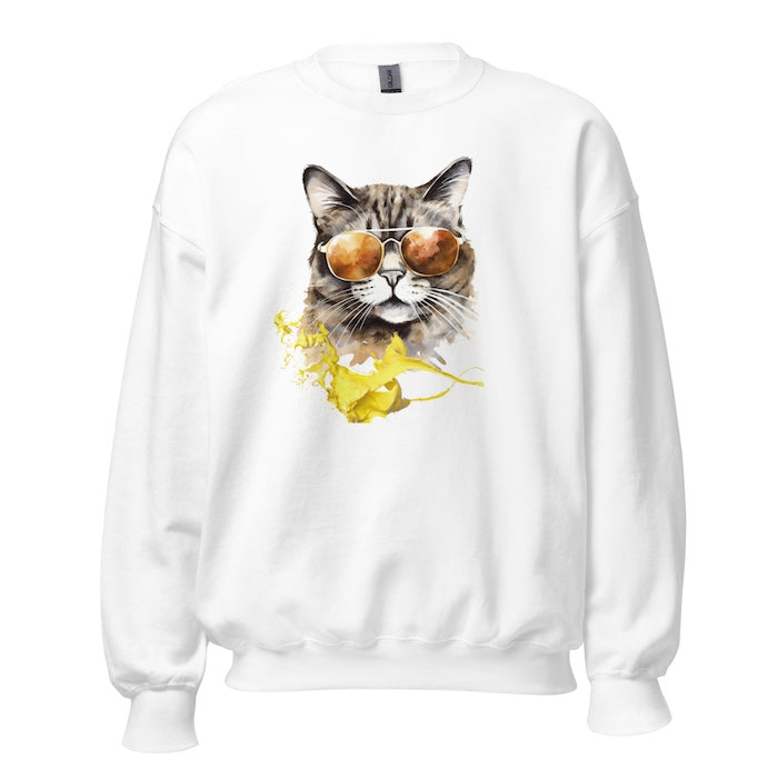 White crew neck sweatshirt with vibrant cool cat print and yellow splash of colour.