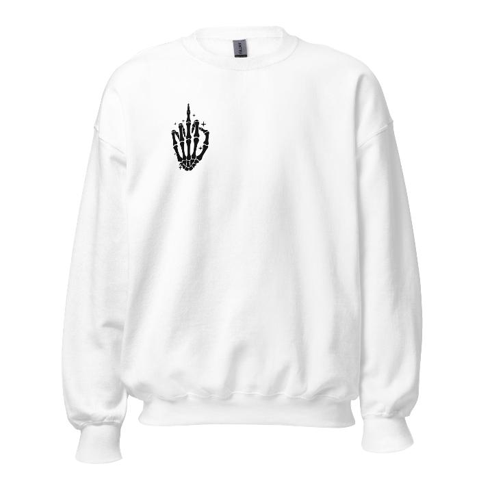 White sweatshirt with black skeleton hand print on front and fun slogan on the back.