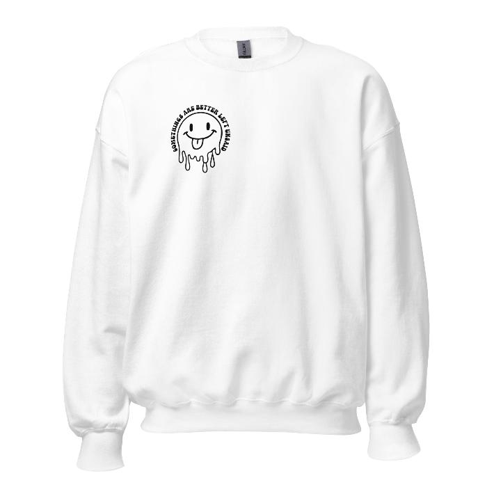 White crew neck sweatshirt with melting face and small slogan detail and full back print. Print shows Some things are better left unsaid.