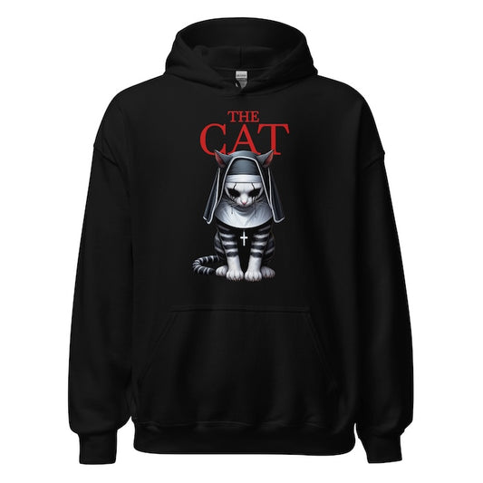 Black unisex hoodie with horror style cat print , perfect for horror fans alike.