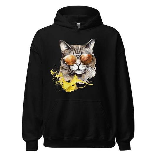 Black unisex soft and cosy hoodie with vibrant cool cat print.