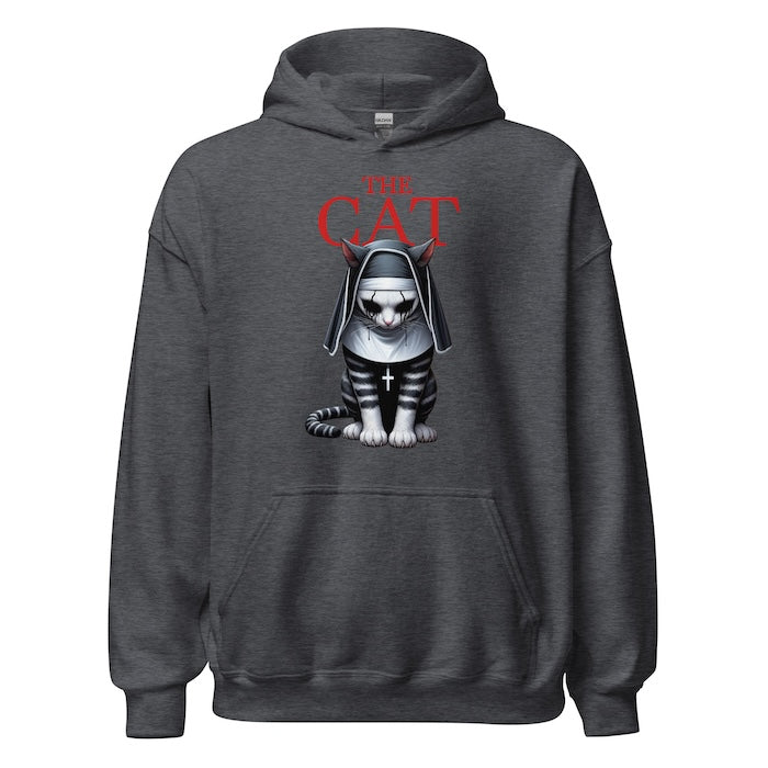 Dark grey unisex hoodie with horror style cat print , perfect for horror fans alike.