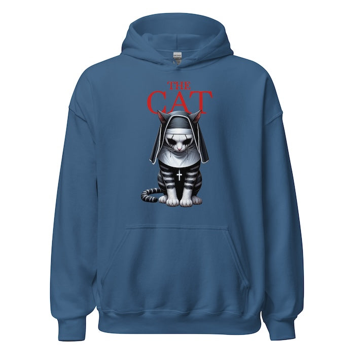 Indigo blue hoodie with horror style cat print , perfect for horror fans alike.