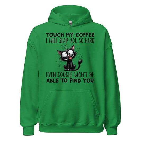 Green hoodie with durpy black cat print and amusing coffee slogan.