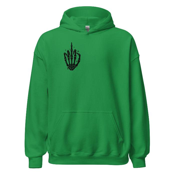 Green hoodie with skeleton hand print logo and fun slogan on the back.  Soft and comfortable hoodie with pouch pocket.