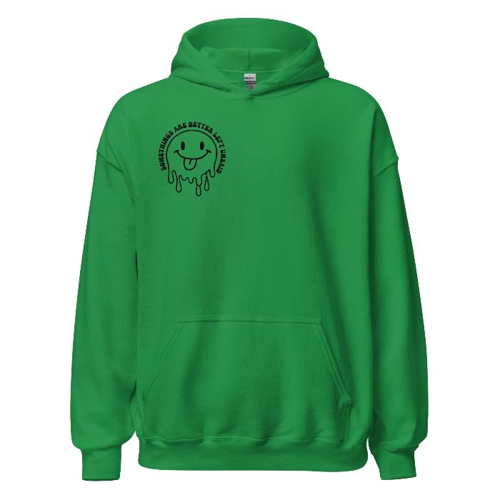 Green hoodie with melting smiley face logo on the front.  Soft and comfortable hoodie with pouch pocket and fun slogan print on the back.