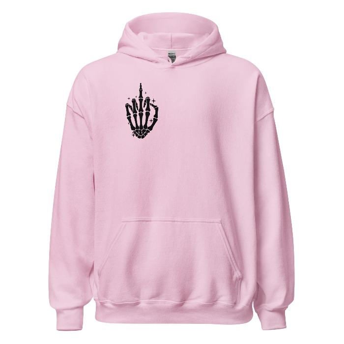 Pink hoodie with skeleton hand print logo and fun slogan on the back.  Soft and comfortable hoodie with pouch pocket.