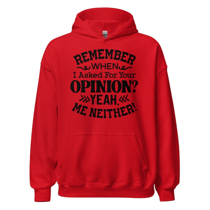 Red classic hoodie with pouch pocket and fun opinion slogan.