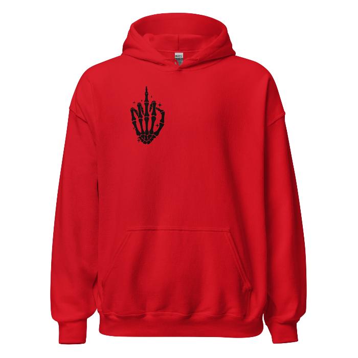 Red hoodie with skeleton hand print logo and fun slogan on the back.  Soft and comfortable hoodie with pouch pocket.