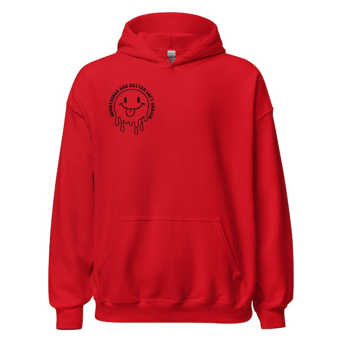 Red hoodie with melting smiley face logo on the front.  Soft and comfortable hoodie with pouch pocket and fun slogan print on the back.