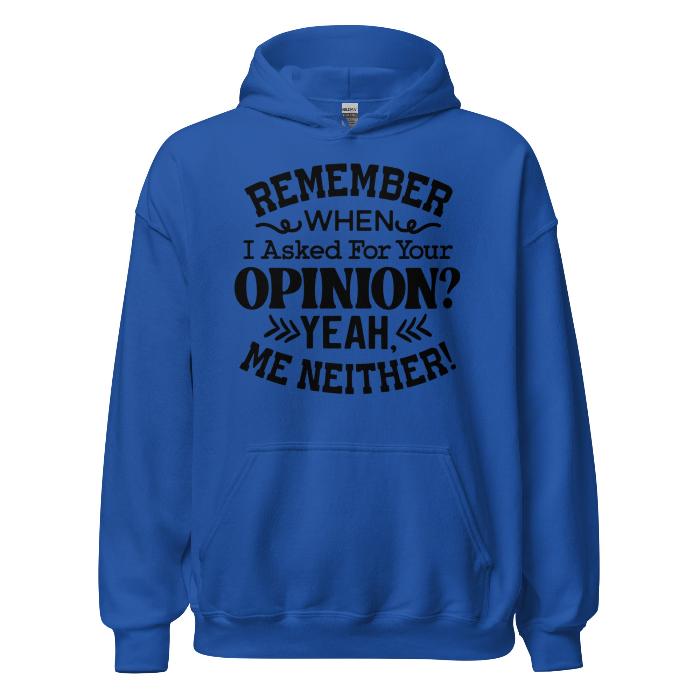 Royal blue classic hoodie with pouch pocket and fun opinion slogan.