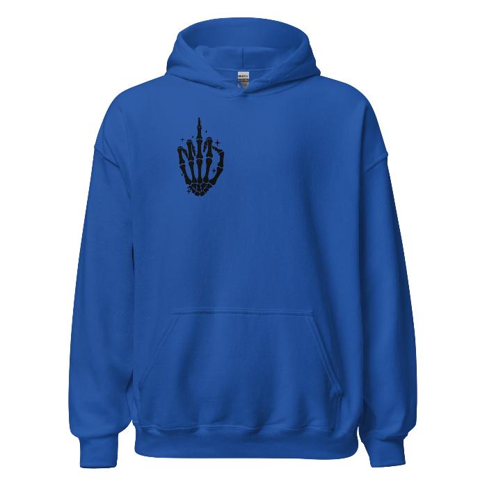 Royal blue hoodie with skeleton hand print logo and fun slogan on the back.  Soft and comfortable hoodie with pouch pocket.