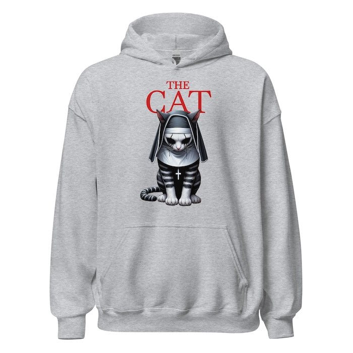 Light grey unisex hoodie with horror style cat print , perfect for horror fans alike.