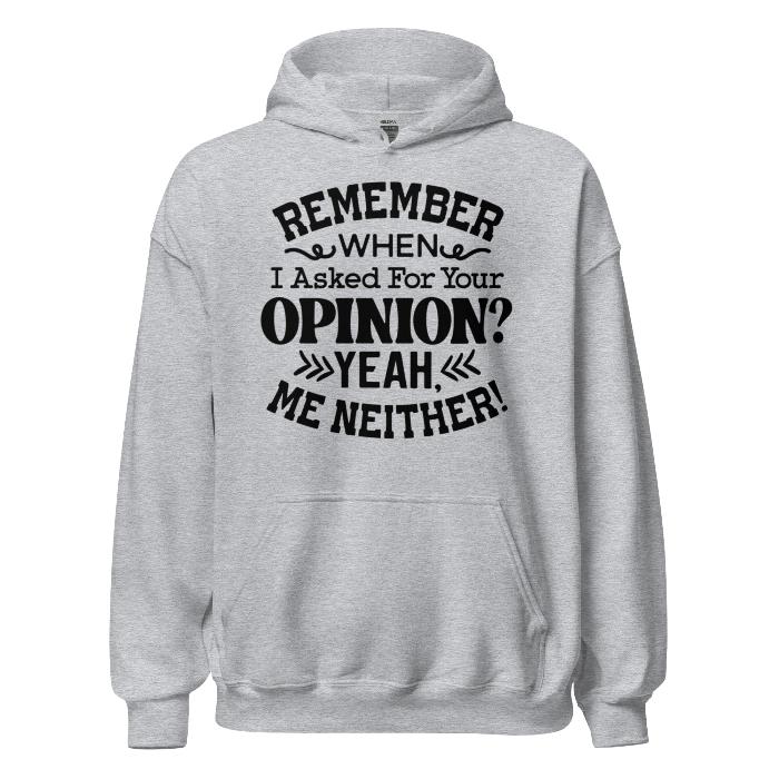 Grey classic hoodie with pouch pocket and fun opinion slogan.