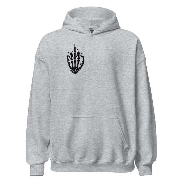 Grey hoodie with skeleton hand print logo and fun slogan on the back.  Soft and comfortable hoodie with pouch pocket.