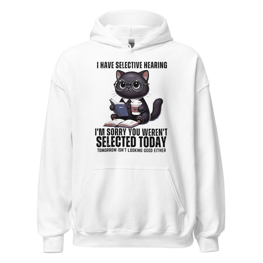 White hoodie with cat print and fun selective hearing slogan.