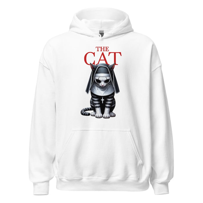 White unisex hoodie with horror style cat print , perfect for horror fans alike.