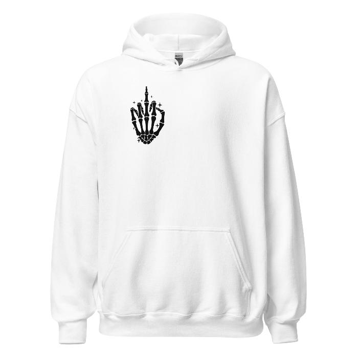 White hoodie with skeleton hand print logo and fun slogan on the back.  Soft and comfortable hoodie with pouch pocket.