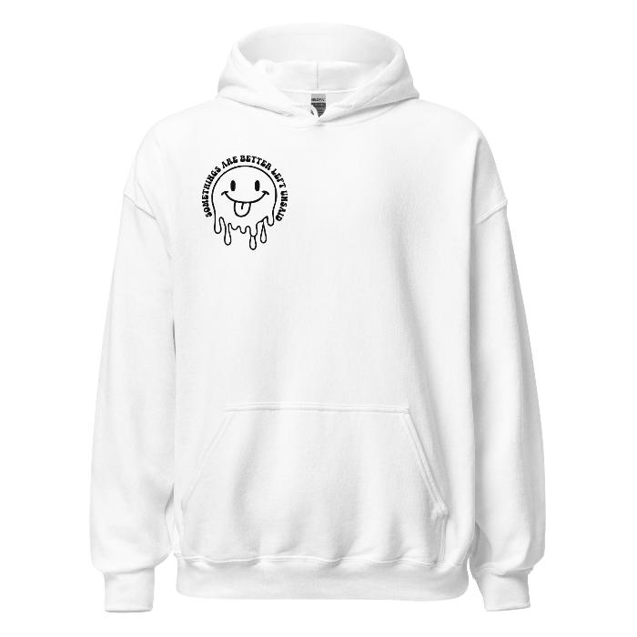 White hoodie with melting smiley face logo on the front.  Soft and comfortable hoodie with pouch pocket and fun slogan print on the back.