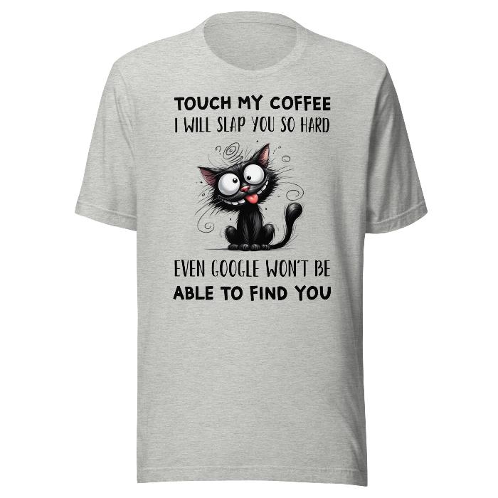 Grey classic, soft t-shirt with fun coffee slogan and wired black cat.