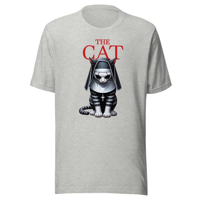 Grey classic t-shirt with cat print.  Perfect for movie buffs who like all things horror.