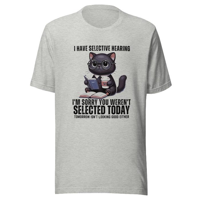 Heather grey classic t-shirt with cat print and fun selective hearing slogan.