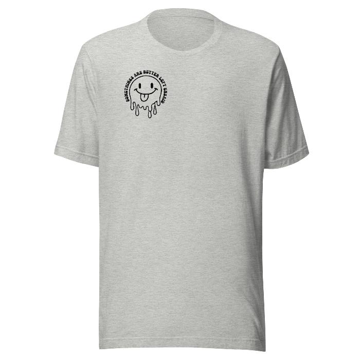 Cotton t-shirt in grey. Has small front chest face logo with the slogan Some Things Are Better Left Unsaid and large slogan print on back.