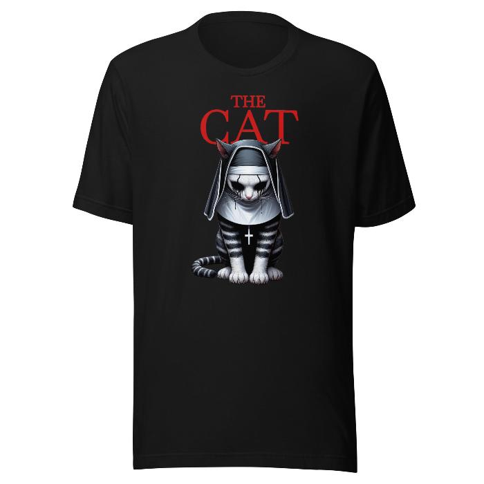 Black classic t-shirt with cat print.  Perfect for movie buffs who like all things horror.