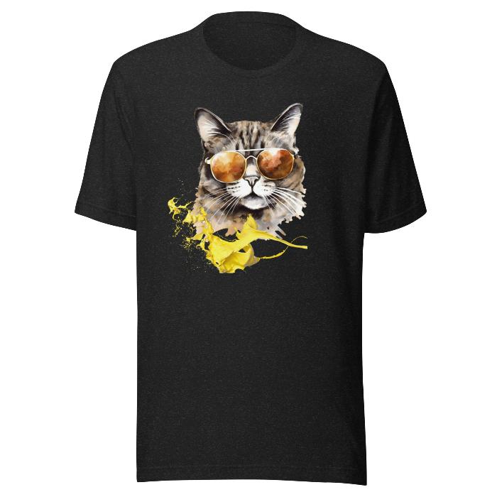 Black classic t-shirt with vibrant cat print.