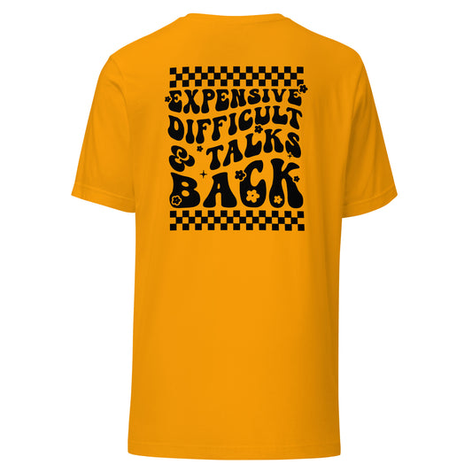 Back view of gold classic t-shirt with skeleton hand print logo on the front and a fun slogan on the back.