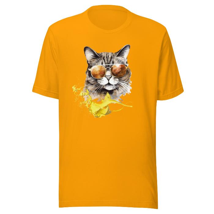 Gold classic t-shirt with vibrant cat print.