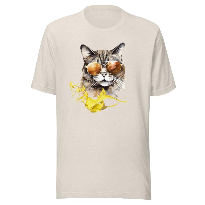 Heather dust classic t-shirt with vibrant cat print.