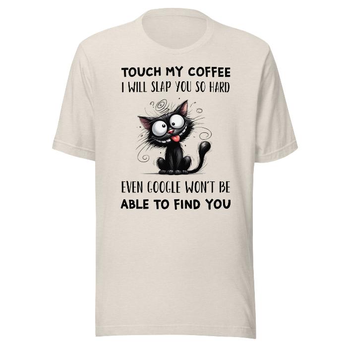 Dust classic, soft t-shirt with fun coffee slogan and wired black cat.